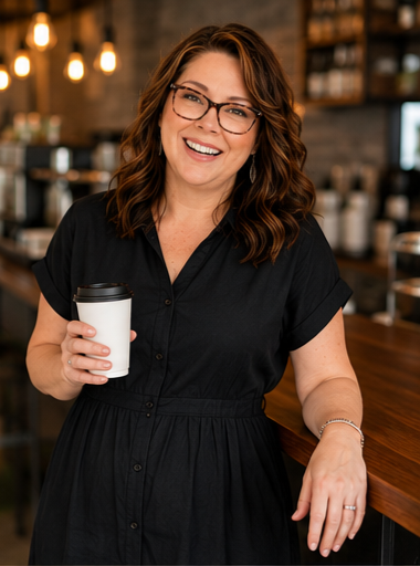 Dana Skalin working from a coffee shop
