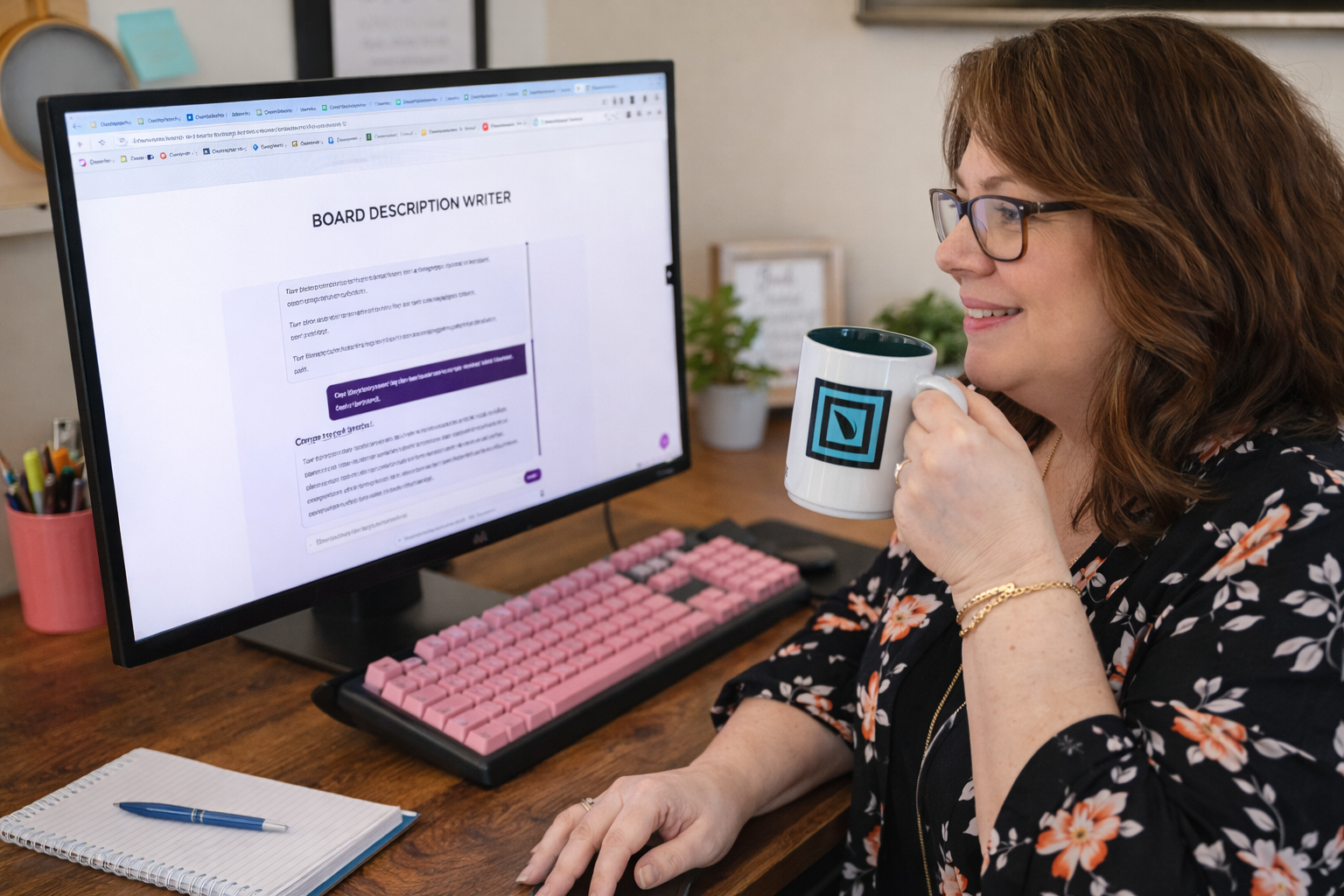 Dana Skalin working on Pinterest strategy with coffee at her desk
