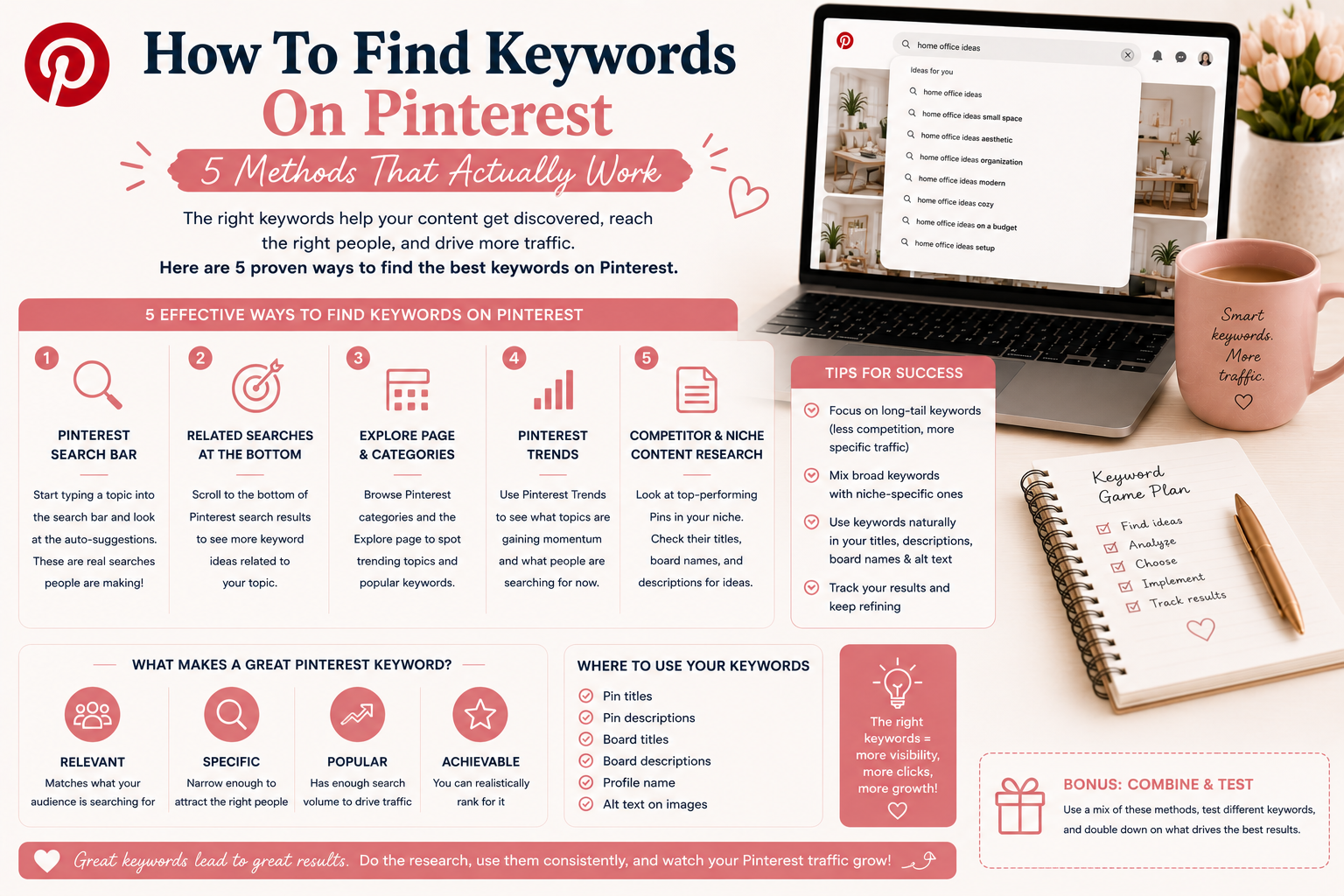 Person searching for keywords on a laptop with Pinterest open